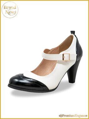 Women's Round Toe Two Tone Mary Jane Pumps Heeled Dress Shoes